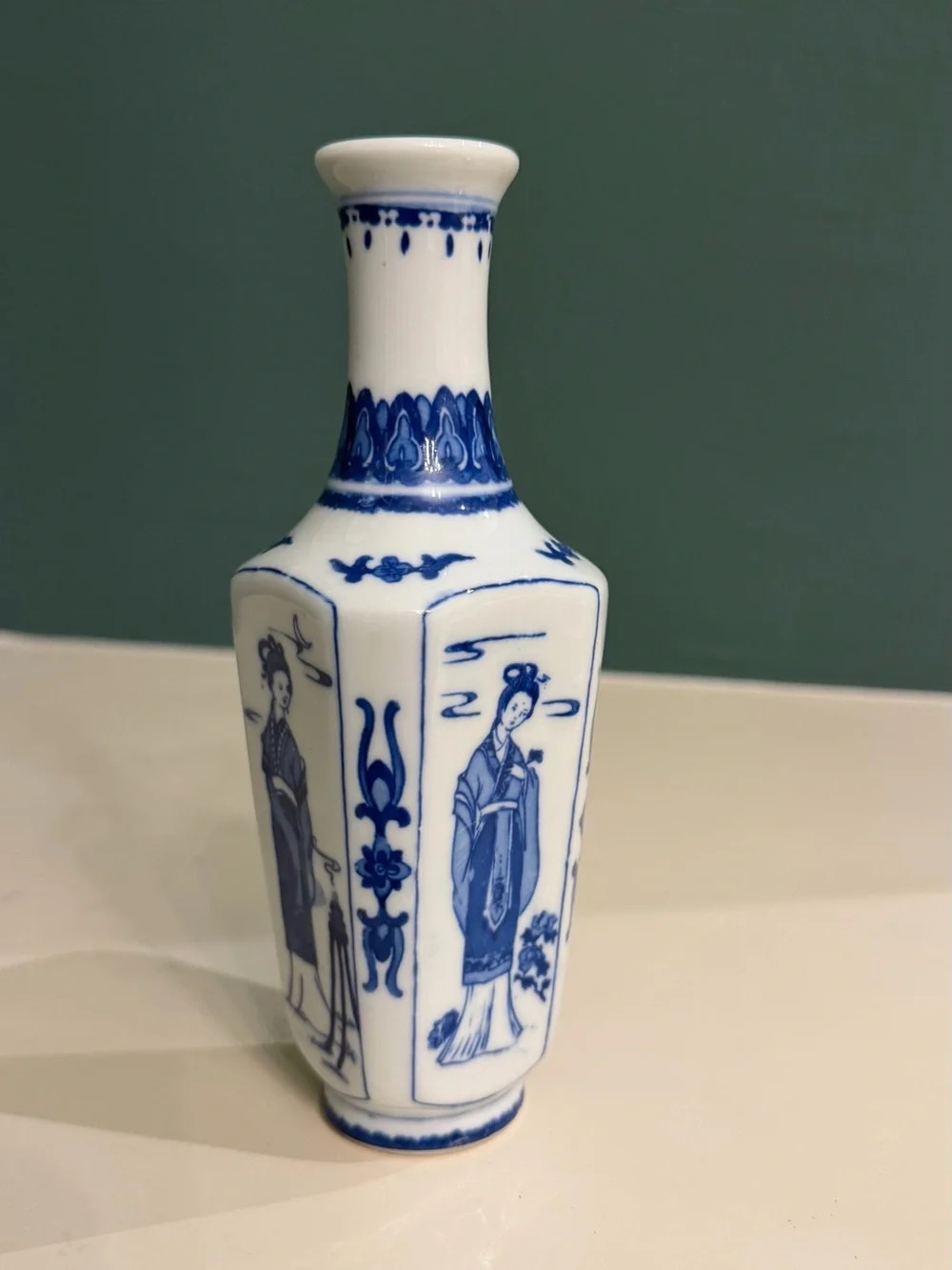 Vintage Chinese Blue & White Porcelain Bottle Vase Figural Design Grandmillenial